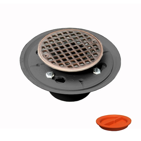 Jones Stephens 2inX3in PVC Shower Drain with 2in PVC Spud and 4in Round Old World Bronze Strainer with Test Plug D5001WBTP